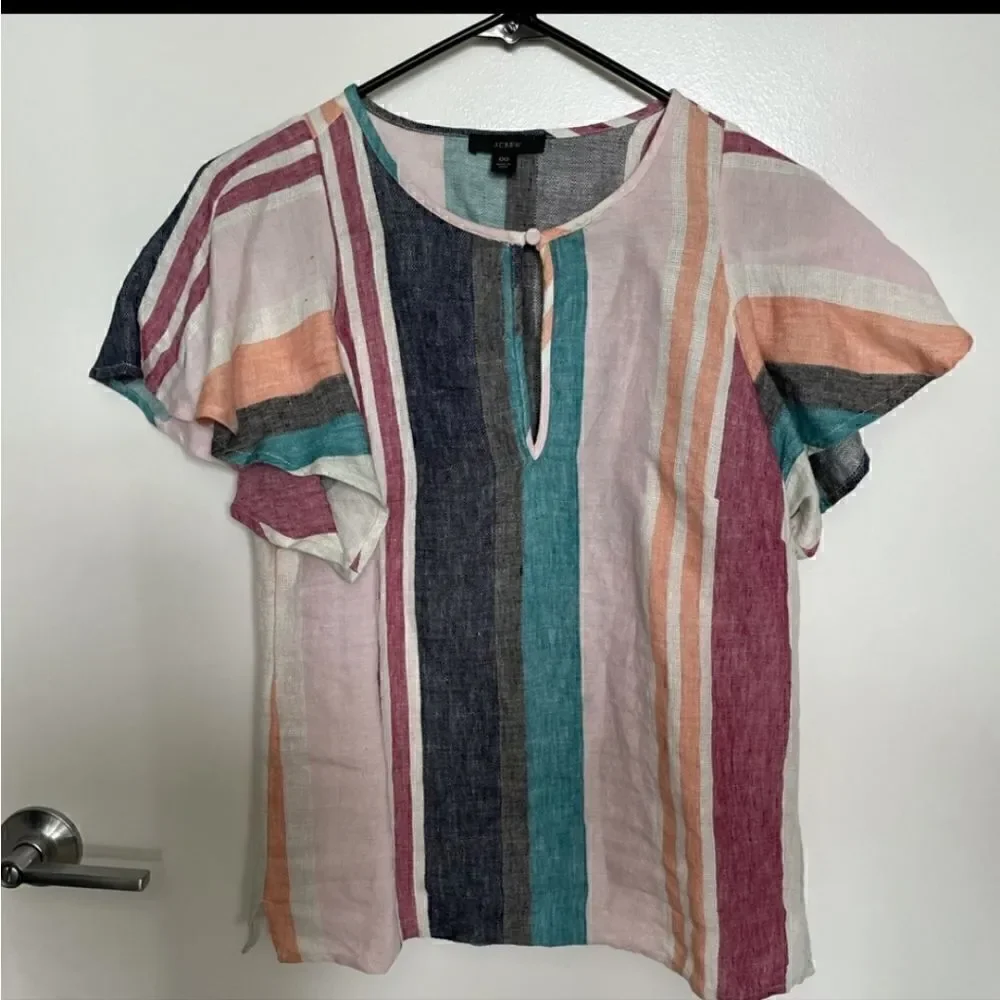 J CREW Linen Striped Flutter Sleeve Top